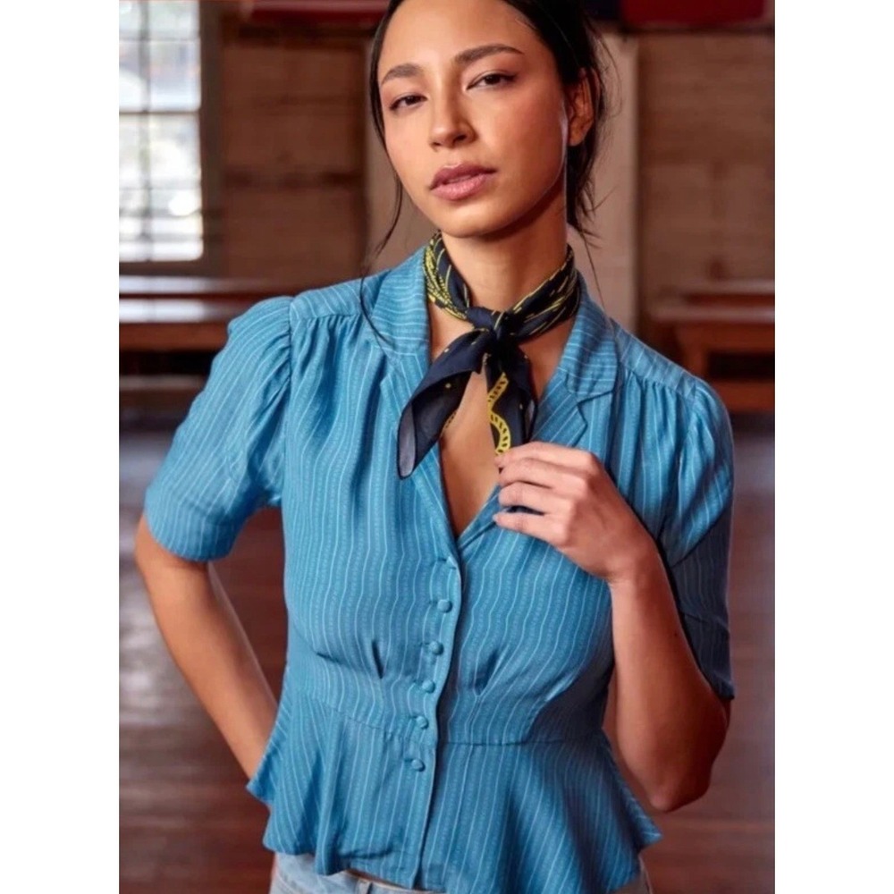 Tecovas Women Blue Striped Peplum Western Blouse Short Sleeve Button XS qq08